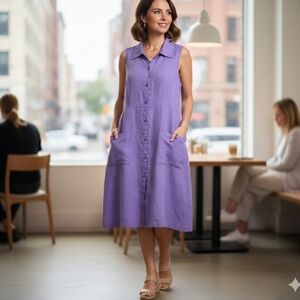 Flax by Jeanne Engelhart Langenlook Linen Sleeveless Dress Button Down Closure